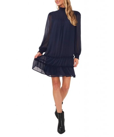 Women's Long Sleeve Smocked Mock-Neck Ruffle Hem Dress Blue $30.58 Dresses