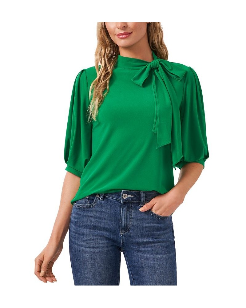 Women's Puff-Sleeve Bow-Neck Elbow Sleeve Top Lush Green $27.60 Tops