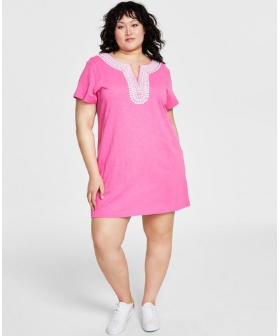 Plus Size Cotton Printed-Trim Dress Pink $20.14 Dresses