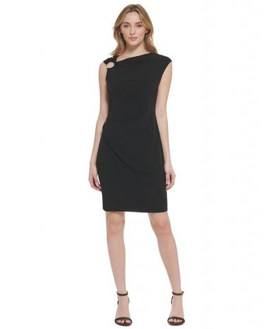 Women's Asymmetrical Neck Ring Hardware Dress Black $52.58 Dresses