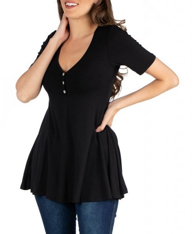 Quarter Sleeve Tunic Top with Button Detail Black $18.90 Tops