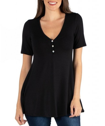 Quarter Sleeve Tunic Top with Button Detail Black $18.90 Tops