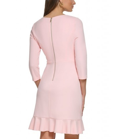 Women's Scoop-Neck Ruffle-Trim 3/4-Sleeve Dress Pink $40.33 Dresses
