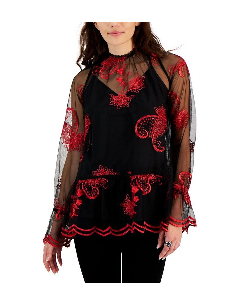 Women's Printed-Embroidered-Mesh Long-Sleeve Top Multi $15.15 Tops
