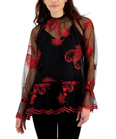 Women's Printed-Embroidered-Mesh Long-Sleeve Top Multi $15.15 Tops