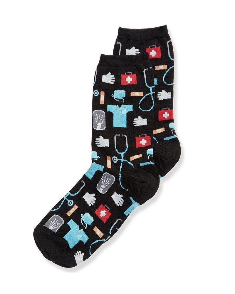 Women's Medical-Professionals Theme Crew Socks Black $9.50 Socks