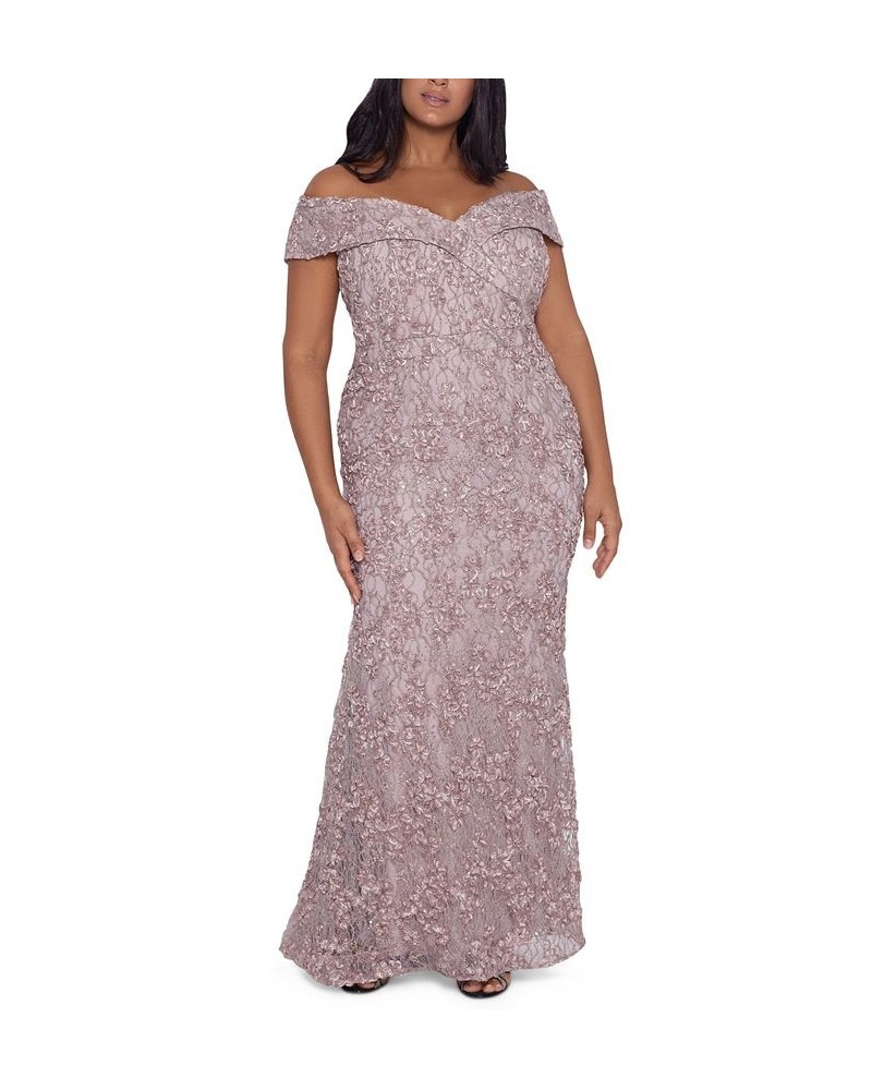 Plus Size Embellished Lace Off-The-Shoulder Gown Tan/Beige $115.15 Dresses
