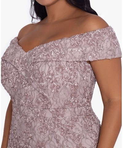 Plus Size Embellished Lace Off-The-Shoulder Gown Tan/Beige $115.15 Dresses