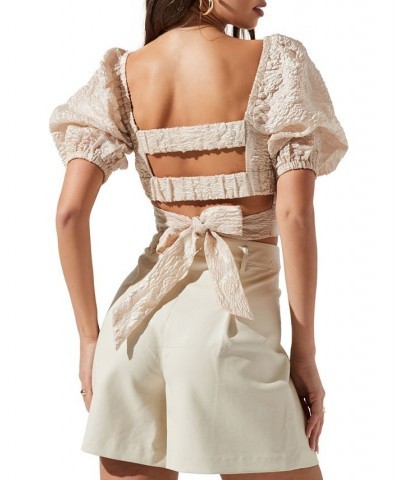 Women's Tassia Puff-Sleeve Cutout-Back Top Tan/Beige $19.32 Tops
