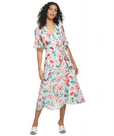 Women's Floral-Print Flutter-Sleeve Midi Wrap Dress Ivory Multi $47.26 Dresses