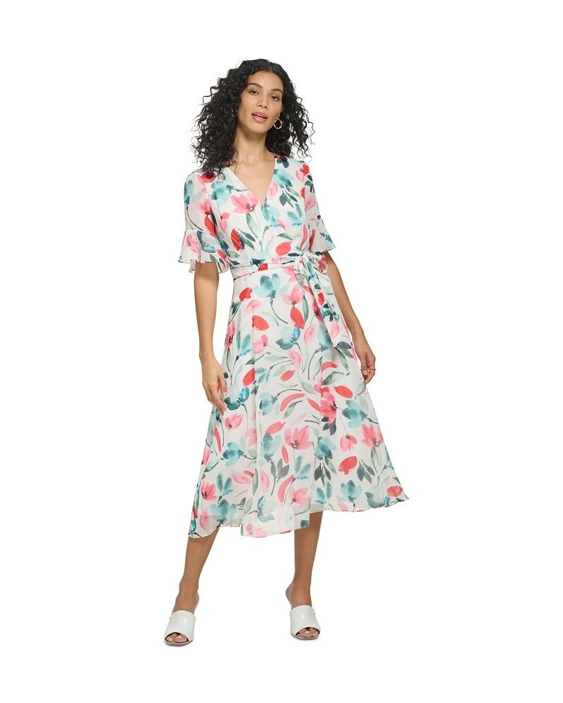 Women's Floral-Print Flutter-Sleeve Midi Wrap Dress Ivory Multi $47.26 Dresses