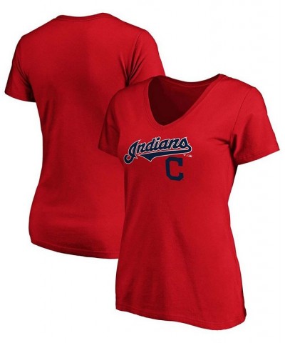 Women's Red Cleveland Indians Team Logo Lockup V-Neck T-shirt Red $22.79 Tops
