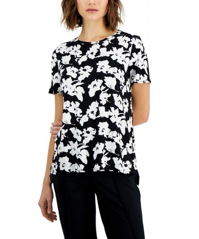 Women's Printed Crewneck T-Shirt Black White Floral $16.51 Tops