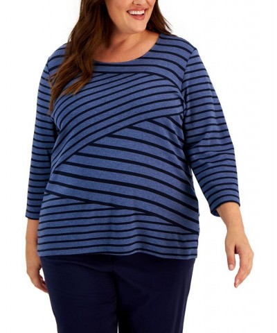 Plus Size 3/4-Sleeve Striped Top Heather Indigo $14.19 Tops