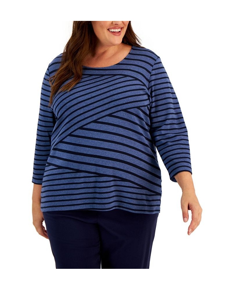 Plus Size 3/4-Sleeve Striped Top Heather Indigo $14.19 Tops