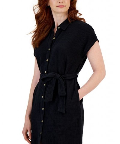 Women's Cotton Crinkle Gauze Shirtdress Black $20.13 Dresses