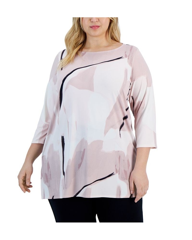 Plus Size Boat-Neck 3/4-Sleeve Tunic Pink $23.45 Tops