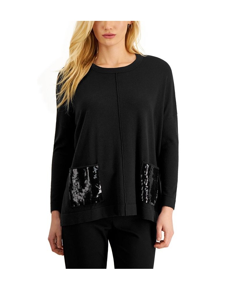 Women's Sequin-Pocket Pullover Sweater Black $61.05 Sweaters