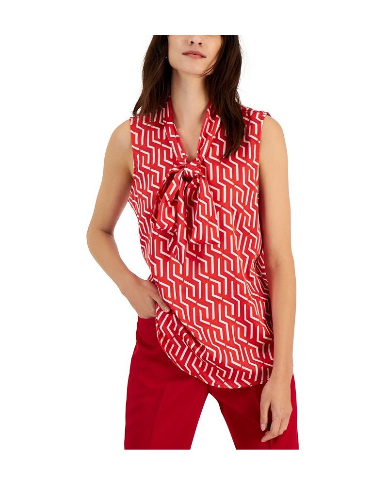 Women's Printed Sleeveless Bow-Neck Top Ruby/ivory $26.70 Tops