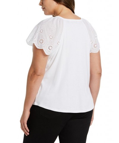 Plus Size Rib Knit Eyelet Short Sleeve T-Shirt White $36.34 Tops