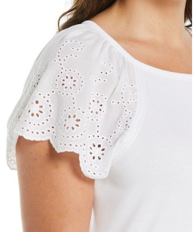 Plus Size Rib Knit Eyelet Short Sleeve T-Shirt White $36.34 Tops