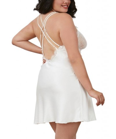 Women's Plus Size Silky Satin Chemise Lingerie with Eyelash Lace Edge Details White $29.12 Lingerie