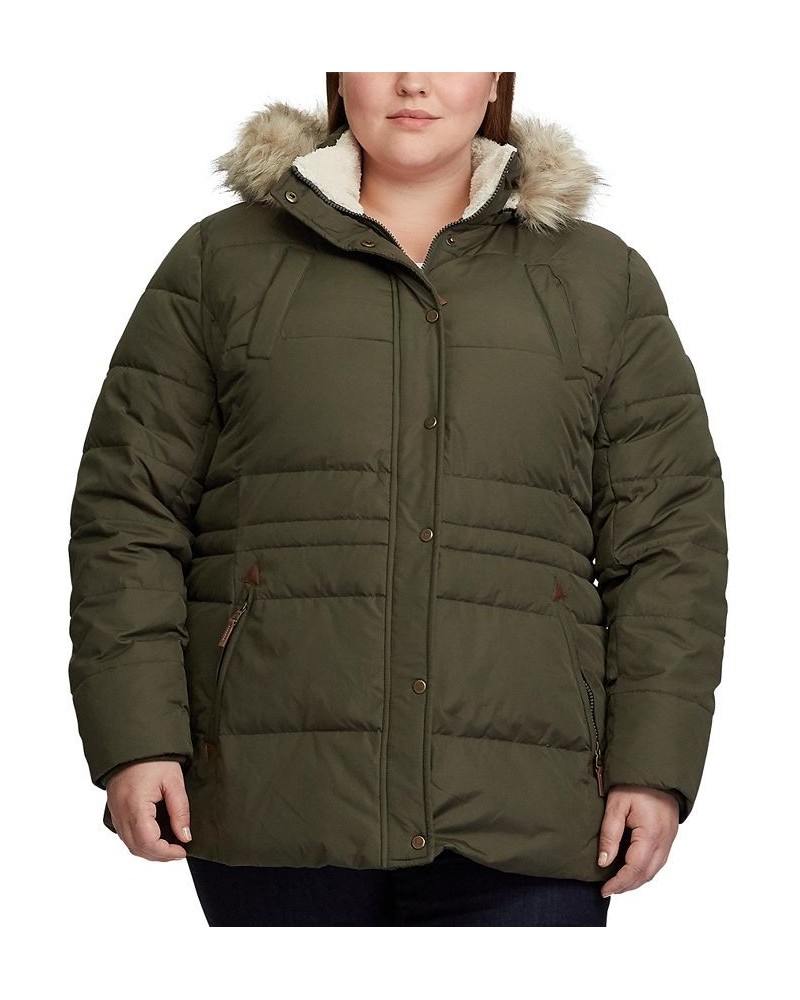 Plus Size Faux-Fur Trim Hooded Down Puffer Coat Green $70.40 Coats