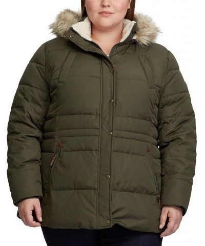 Plus Size Faux-Fur Trim Hooded Down Puffer Coat Green $70.40 Coats