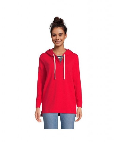 Women's Petite Long Sleeve Heavyweight Jersey Button Front Hoodie Tunic Red $34.48 Tops