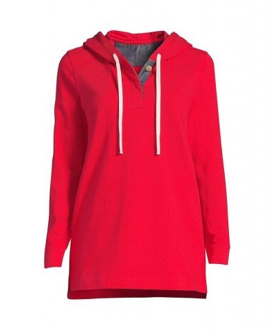 Women's Petite Long Sleeve Heavyweight Jersey Button Front Hoodie Tunic Red $34.48 Tops