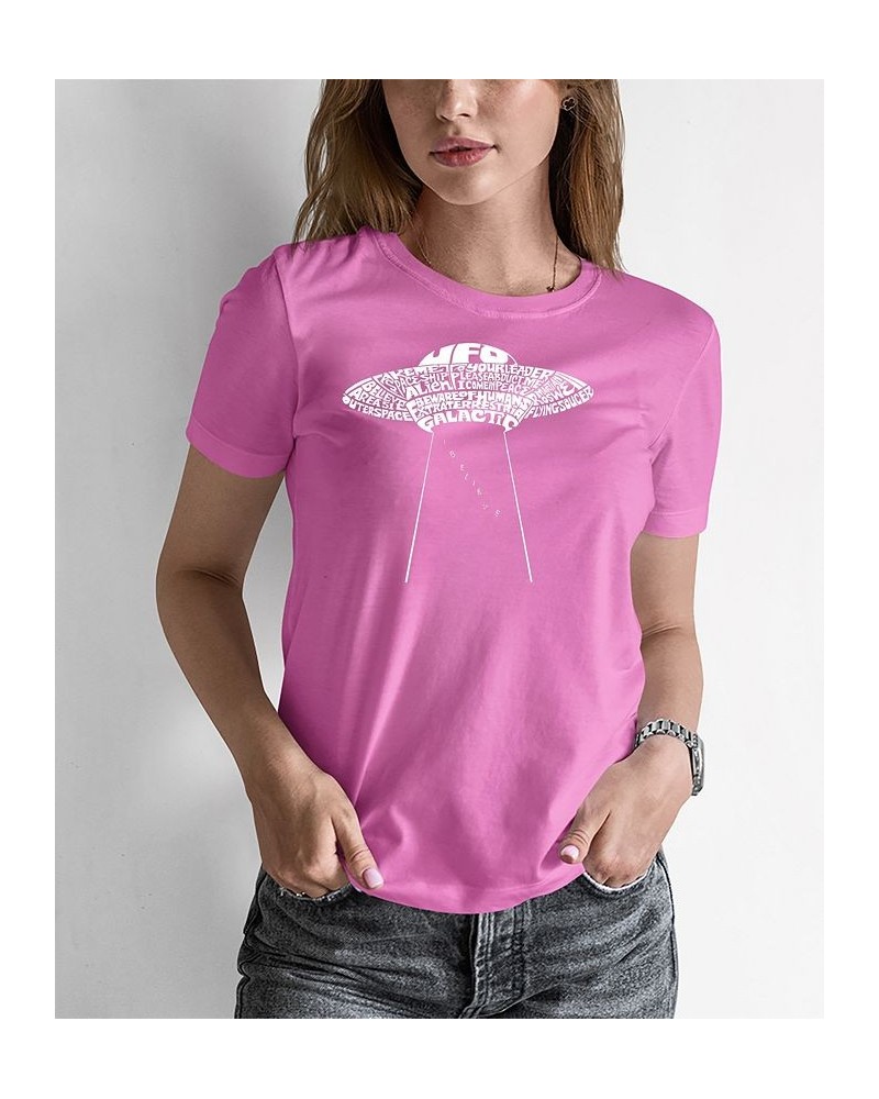 Women's Word Art Flying Saucer UFO T-Shirt Pink $17.15 Tops