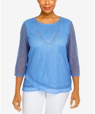 Petite Set Sail Popcorn Texture Tulip Hem 3/4 Sleeve Top Marine Blue $31.29 Tops