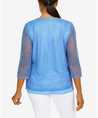 Petite Set Sail Popcorn Texture Tulip Hem 3/4 Sleeve Top Marine Blue $31.29 Tops