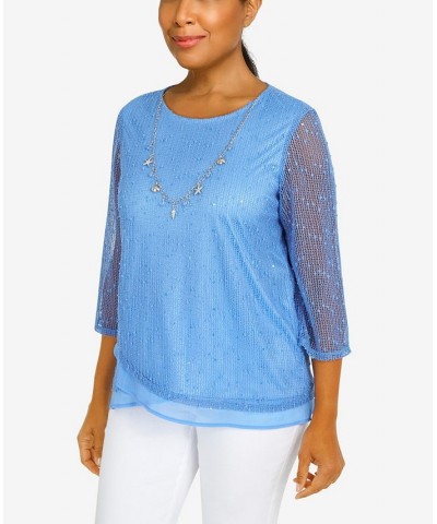 Petite Set Sail Popcorn Texture Tulip Hem 3/4 Sleeve Top Marine Blue $31.29 Tops