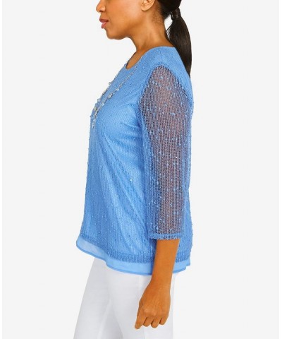 Petite Set Sail Popcorn Texture Tulip Hem 3/4 Sleeve Top Marine Blue $31.29 Tops