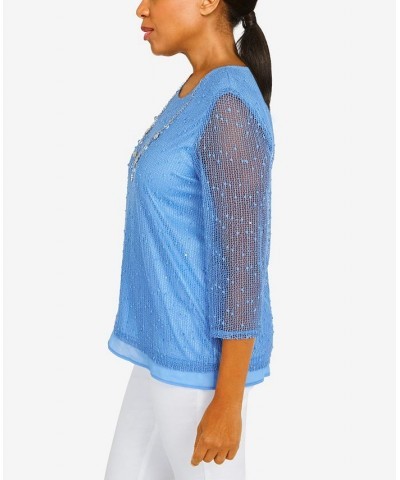 Petite Set Sail Popcorn Texture Tulip Hem 3/4 Sleeve Top Marine Blue $31.29 Tops