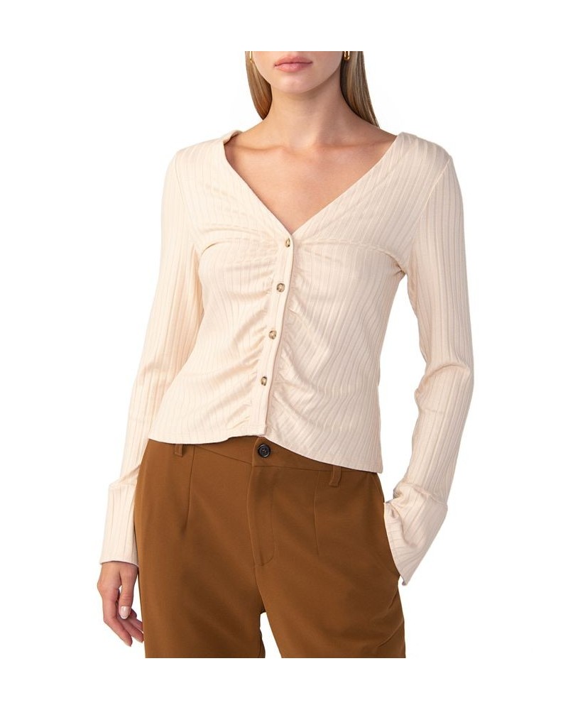 Women's Wide Cuff V-Neck Knit Blouse Natural $23.67 Tops