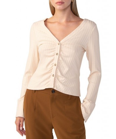 Women's Wide Cuff V-Neck Knit Blouse Natural $23.67 Tops