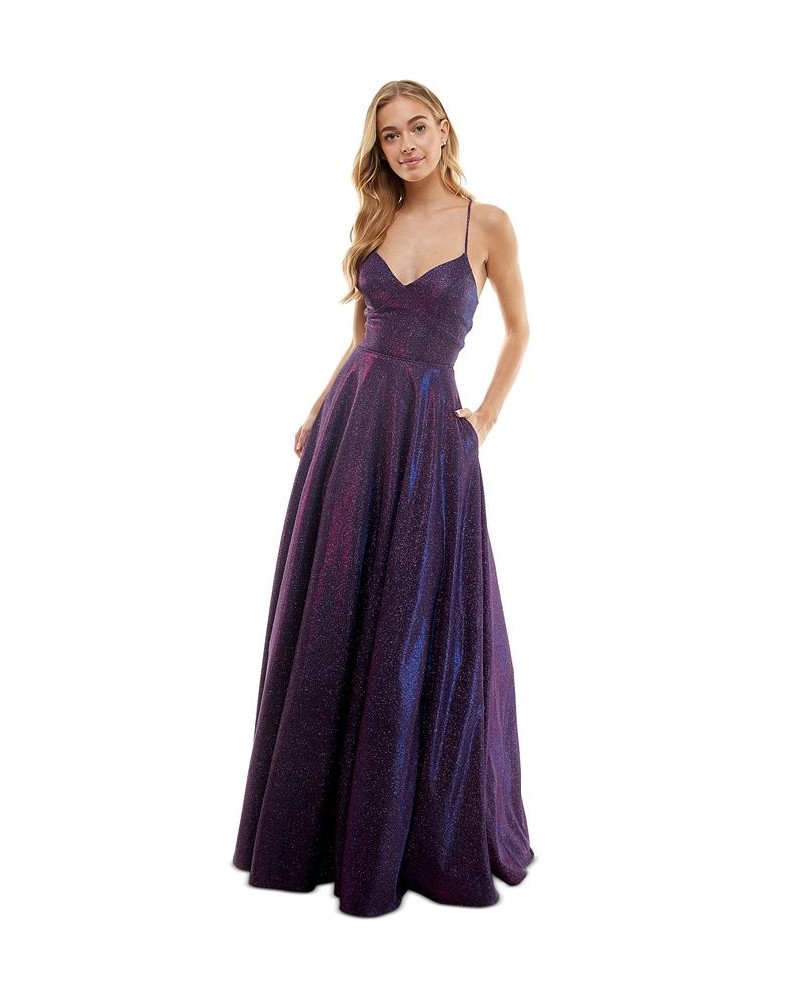 Juniors' Glitter Lace-Up-Back Evening Gown Grape $65.91 Dresses