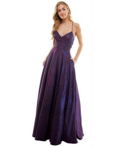 Juniors' Glitter Lace-Up-Back Evening Gown Grape $65.91 Dresses