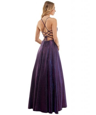 Juniors' Glitter Lace-Up-Back Evening Gown Grape $65.91 Dresses