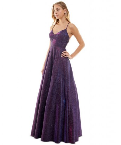 Juniors' Glitter Lace-Up-Back Evening Gown Grape $65.91 Dresses