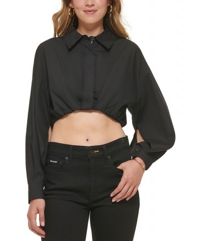 Women's Cotton Button-Front Cropped Shirt Black $40.94 Tops