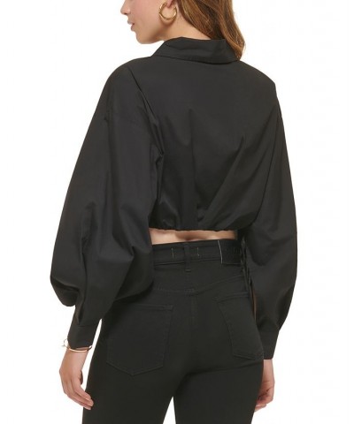 Women's Cotton Button-Front Cropped Shirt Black $40.94 Tops