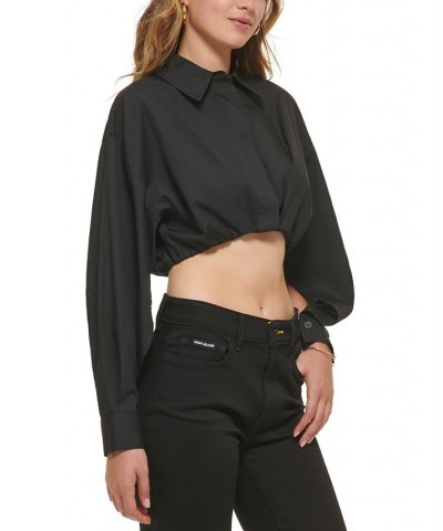 Women's Cotton Button-Front Cropped Shirt Black $40.94 Tops