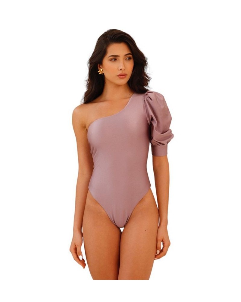 Milano One Piece Swimsuit - Puff Sleeve One-Shoulder Top - High-cut Bottom - Lilac Light purple - lilac $77.70 Swimsuits