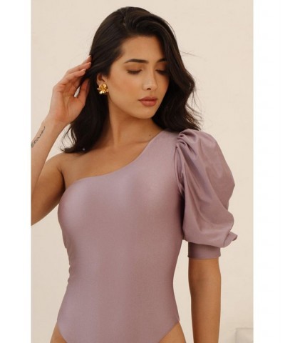 Milano One Piece Swimsuit - Puff Sleeve One-Shoulder Top - High-cut Bottom - Lilac Light purple - lilac $77.70 Swimsuits