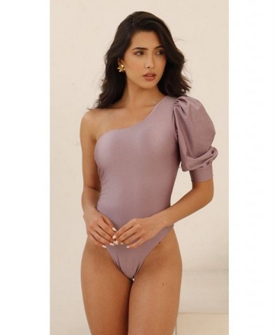 Milano One Piece Swimsuit - Puff Sleeve One-Shoulder Top - High-cut Bottom - Lilac Light purple - lilac $77.70 Swimsuits