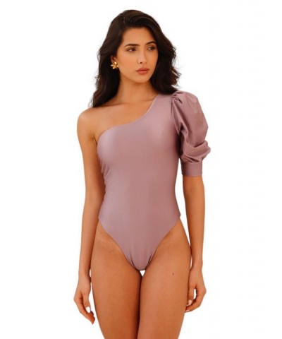 Milano One Piece Swimsuit - Puff Sleeve One-Shoulder Top - High-cut Bottom - Lilac Light purple - lilac $77.70 Swimsuits