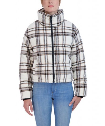 Women's Plaid Puffer Jacket White Beige $27.84 Jackets